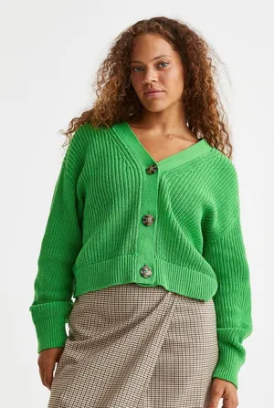 H&M Women Green Ribbed Knit V-Neck Cropped Cardigan Sweater Button Front Small thumbnail 1