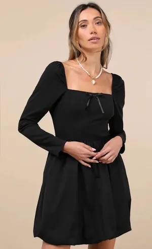 Lulus Darling Picture Black Bow Bubble Hem Black Mini Dress Small NWT thumbnail 1