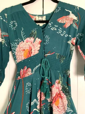 Jaase Maxi Dress XS Teal Floral Boho Autumn Wedding Guest Smocked V-Neck thumbnail 4