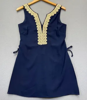 Lilly Pulitzer Navy Blue Gold Soutache Trim Shift Dress 30375 Womens Size 0‎ thumbnail 1