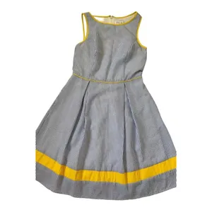 Elle Women Size Small Fit & Flare Seersucker Dress Blue Yellow Pleated | 21-917 thumbnail 4