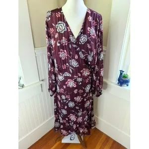 Rachel Rachel Roy Floral Metallic‎ Pleated Caron Wrap Midi Dress 24W Burgundy thumbnail 2