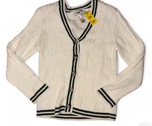 RSQ Cream Cable-Knit Cardigan with Green Stripe Trim thumbnail 1