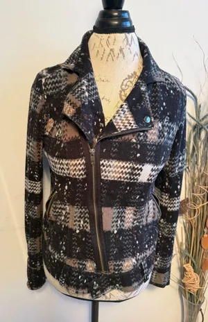 Free People Women 6 Plaid‎ Moto Jacket Black Brown Speckled Asymmetric Zip Knit thumbnail 1