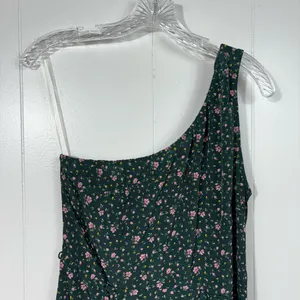 American Eagle Dark Green Pink Ditsy Floral Silky One Shoulder Dress Medium NWT thumbnail 2
