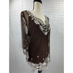 Sundance Brown Mesh Embroidered Tunic Top V-Neck 3/4 Sleeve Boho Floral Large thumbnail 3