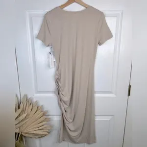 Treasure & Bond Women's Beige Oatmeal Ruched Side T-Shirt Midi Dress Size M thumbnail 2