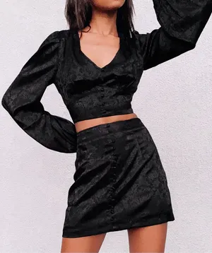 LULUS In a Mood Black Satin Jacquard Long Sleeve Crop Top Size XS thumbnail 1