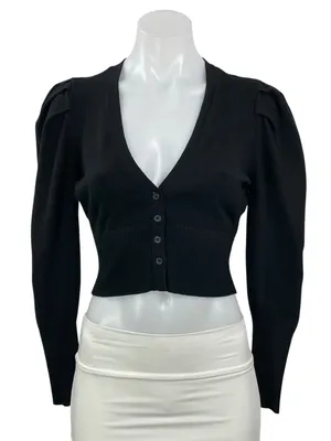Danielle Bernstein Women Black Long Puff Sleeve V Neck Button Up Crop Top Size M thumbnail 1