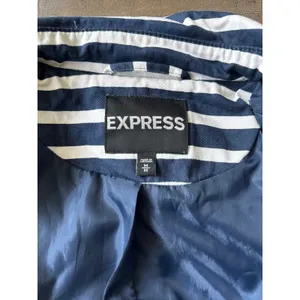 Express Women's Blue White striped double-breasted trench coat with belt Size M thumbnail 9