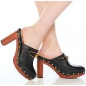 Veronica Beard Giles Block Heel Mule Clogs, Black,Size 8M Bohemian leather Heel thumbnail 1