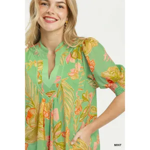 Umgee Botanical Print Dress with Smocked Cuffs - Mint - Small thumbnail 2