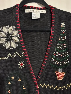 Victoria Jones Medium Beaded Black Holiday Vest with Red Trim Snowman Snowflakes thumbnail 2
