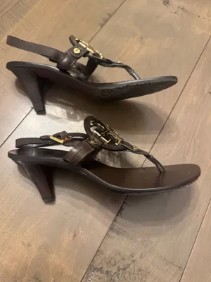 Tory Burch Size 6 Holly 2 Sandal Kitten Heel Brown Leather thumbnail 4