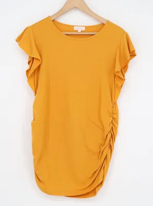 BHome Maternity Mustard Yellow Ruched Side Ruffle Cap Sleeve Top Medium thumbnail 1