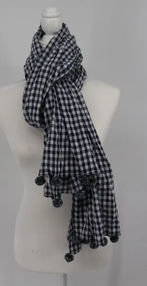 J.Crew Navy White Gingham Plaid Pom Pom Scarf 100% Cotton NWT Preppy Picnic thumbnail 1