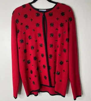 Vintage Pendleton Red Black Beaded Wool Blend Cardigan Holiday Sweater Small thumbnail 1
