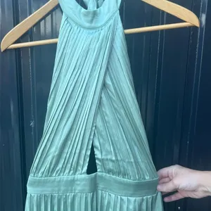 Lulus Totally Charming Sage Green Satin Pleated Halter Midi Dress L thumbnail 4