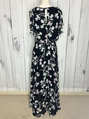 White House | Black Market Sz 8 Chiffon Black Garden Floral Elastic Waist Midi Dress Keyhole Neckline thumbnail 8