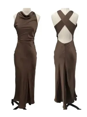 House of Harlow Brown Satin Cowl Criss Cross Back Maxi Dress XL New thumbnail 4