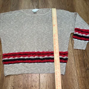 Vintage Rafaella Linen Cotton Knit Sweater Cream Red Striped Boat Neck sz Large thumbnail 3