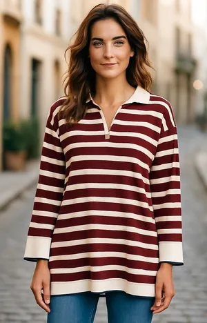Dokotoo 2XL Striped Knit Tunic Top‎ Burgundy Cream Quarter Zip Long Sleeve thumbnail 1