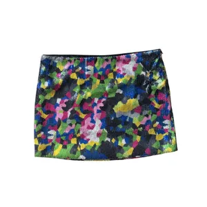 Sans Souci Multi Color Camo Sequin Miro Mini Skirt S Abstract Party Festival Y2K thumbnail 3