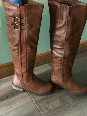 Faux Leather Over-the-Knee Riding Boots Brown with Buckles. thumbnail 2