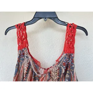 Free People Red Boho Paisley Print Festival Tank Draped Flowy Tie Back Women’s M thumbnail 2