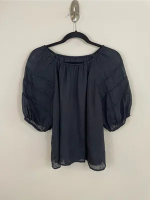 J. Crew Black Puff Sleeve Ramie Top Size Medium thumbnail 2