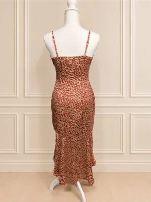 NWOT PrettyLittleThing Red Gold Leopard Satin High-Low Mermaid Maxi Dress US 6 thumbnail 5