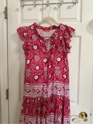 Oliphant Tuckernuck Jaipur Pink Rose Ruffle Bohemian Boho Maxi Dress Flowy thumbnail 7