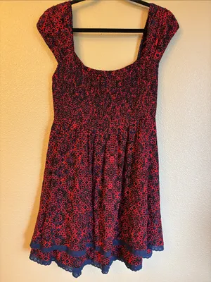 FREE PEOPLE Tabitha Smocked Mini Dress MEDIUM Red Navy Blue Floral thumbnail 9