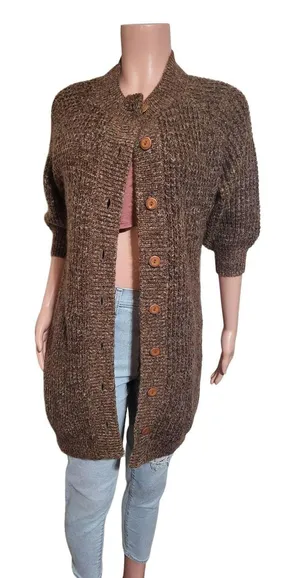 Pulp women's crew neck button-up 3/4 sleeved knit brown cardigan sweater M thumbnail 1