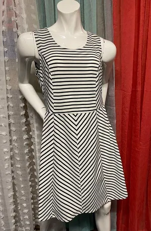 Large Pixley Sleeveless Dress. White with navy stripes. thumbnail 2