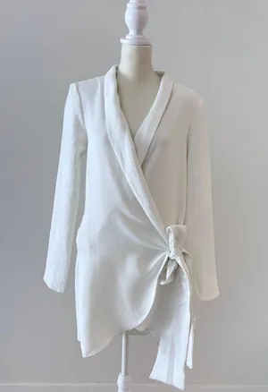 ASOS DESIGN side tie tux mini dress with cowl back detail in ivory US 4 thumbnail 3