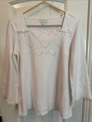 EUC J. Jill White 100% Cotton Eyelet Square-Neck Tunic Top Size Small thumbnail 2