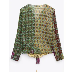 Zara Patchwork Floral Tie Neck Blouse Boho Y2K Sheer Top Multicolor Size S thumbnail 3