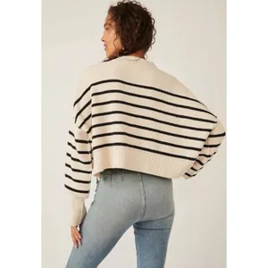 Free People Easy Street Stripe Crop Pullover Medium Cream Black Coastal Preppy thumbnail 9