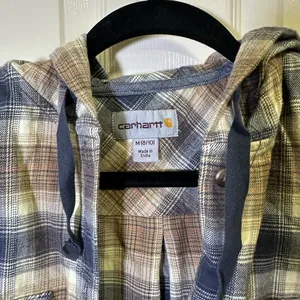 Carhartt Relaxed Fit Flannel Hooded Plaid Shirt Size Medium Blue Tan Button Down thumbnail 4