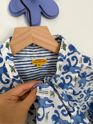 Roller Rabbit XL PJ Monkey Button Up Long Sleeve Shirt Blue Cotton Lounge White thumbnail 3
