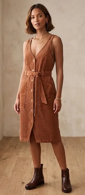 OAT Corduroy Button Front Granola Girl Boho Midi Dress Medium. Tie Wais thumbnail 1