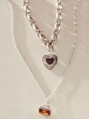 NEW Free People Zehnder Layer Necklace Silver Tone Heart Charm Double Chain Ring thumbnail 1