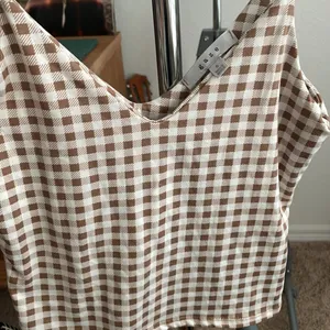 Brown and cream checkered print top thumbnail 2