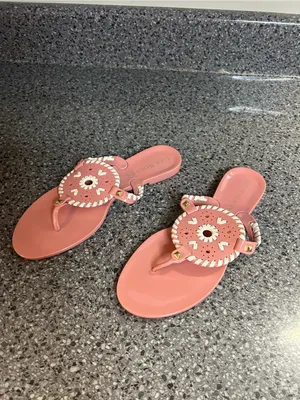 Jack Rogers Coral Pink Leather Thong Sandals with Whipstitch Medallion thumbnail 2