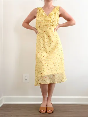 Vintage Yellow Floral Ruffle V-Neck Midi Dress thumbnail 5