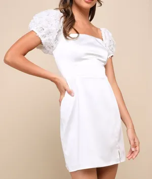 Lulus Precious Enchantment White Satin Floral Puff Sleeve Mini Dress Sz L thumbnail 1