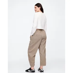 GAP Denim Pull-On Barrel Jeans Tan Khaki High Rise‎ Curved Leg Womens L Long thumbnail 4