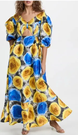 Mangishi Doll Sz 10 Zahara‎ Maxi Dress in Yellow Swirl Whimsical Open Back thumbnail 1