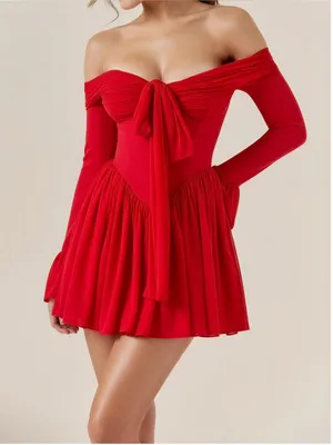 HOUSE OF CB Alana Off-Shoulder Mesh Mini Dress, Red, XS thumbnail 1